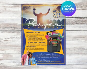 Volante de Oración en el Parque: Evento de regreso a clases en la iglesia (Descarga digital, plantilla Canva de 5x7)