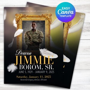 May include: A memorial announcement with a portrait of a man in military attire, framed in gold. The design features the text "Deacon Jimmie Borom, Sr." with dates and event details, and the Canva template logo.