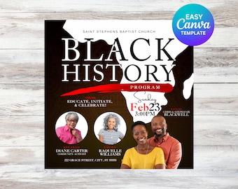 Folleto del programa de historia afroamericana / Descarga digital / Mes de la historia afroamericana / Redes sociales / Servicio religioso / Redes sociales / Canva / Editable