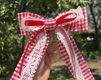Red Gingham with Ribbon Hair Bow, Hair Bow for Women, Hair Bow for Girls, Barrette Hair Clip, Hair Accessories, Gifts, Wedding.