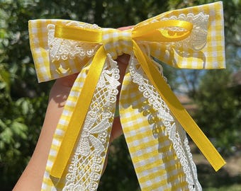 Yellow Gingham with Ribbon Hair Bow, Hair Bow for Women, Hair Bow for Girls, Barrette Hair Clip, Hair Accessories, Gifts, Wedding.