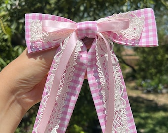 Pink Gingham with Ribbon Hair Bow, Hair Bow for Women, Hair Bow for Girls, Barrette Hair Clip, Hair Accessories, Gifts, Wedding.