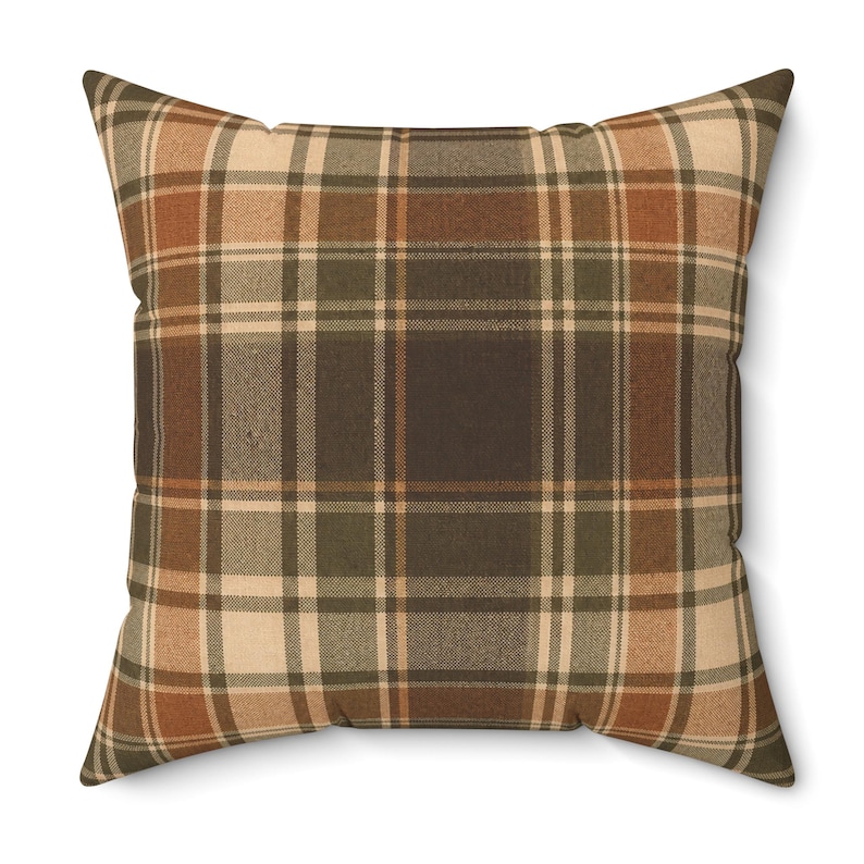 WoodRow Rustic Brown Plaid Pillow, Olive Green Farmhouse Decor Pillowcase image 4
