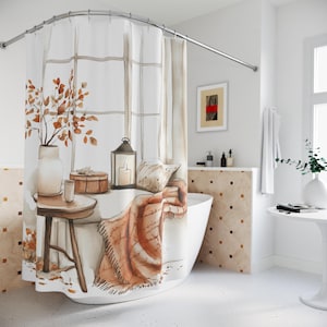 Minimalist Autumn Cozy Home Decor, Watercolor Art Shower Curtain Nature Bathroom, Neutral Colors Home Accents, Housewarming Gifts Toiletry