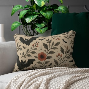 Boho Bats Lumbar Pillow - Gothic Halloween Throw Pillow, Farmhouse Decor