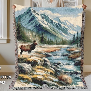 Rocky Mountains Woven Blanket: Colorado Elk Cabin Decor