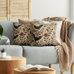 Holiday Decorations - Boho Floral Square Pillowcase, Vintage Gothic Decor Pillow Case, Modern Bat Print