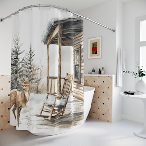 Rideau de douche aquarelle forêt, cabane d&#39;hiver, décoration de salle de bain confortable, forêt fantaisiste, décoration de maison rustique, décoration cottagecore minimaliste