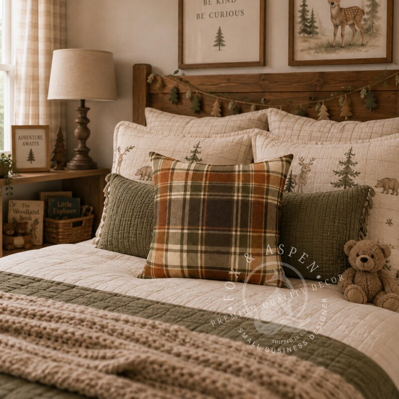 May include: A square throw pillow featuring a plaid pattern in shades of orange, green, and cream, centered on a bed layered with olive green textured pillows, a cream quilted coverlet, and a chunky knit throw blanket in a neutral beige tone.