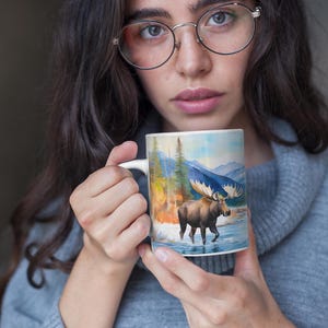 Artistic Scene Mug, Nature-Inspired Ceramic Mug, Scenic Moose Artwork, Gifts for Coffee Lovers, Outdoor Enthusiasts, Fall Decor, Cabin Vibes