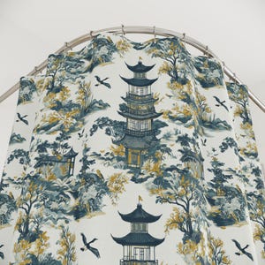 Asian Chinoiserie, Fabric Shower Curtain, Thailand Village, Toile Decor, Core Decor, Japan-Core, Asian-Core, Vintage Fabric,Bathroom Curtain