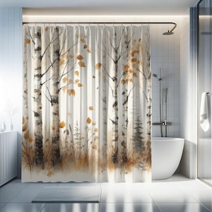 Minimalist Autumn Birch Tree Forest Home Decor, Watercolor Art Shower Curtain Nature Bathroom, Neutral Colors Home, Housewarming Gifts