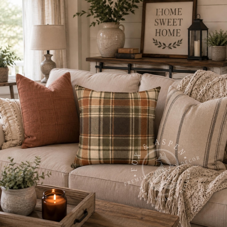 May include: A collection of three square throw pillows arranged on a sofa. One pillow is solid rust orange, one features a multi-colored plaid pattern in shades of green, brown, and cream, and the third is a light beige with vertical dark stripes.