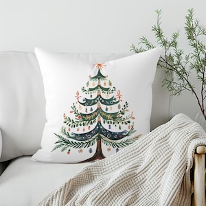 Skandinavisches Weihnachtsbaum-Kissen | Nordisches Folk gewebtes Kissen William Morris Style Woodland, rustikales Licht Academia Hütte Dekor Couch Kissen