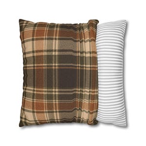 WoodRow Rustic Brown Plaid Pillow, Olive Green Farmhouse Decor Pillowcase image 3
