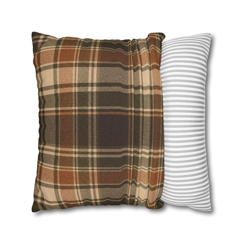 WoodRow Rustic Brown Plaid Pillow, Olive Green Farmhouse Decor Pillowcase image 3