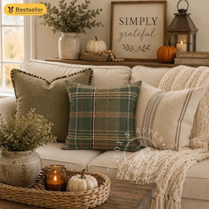 Farmhouse Pottery Plaid Green Throw Pillowcase / Rustic Barn Pillow