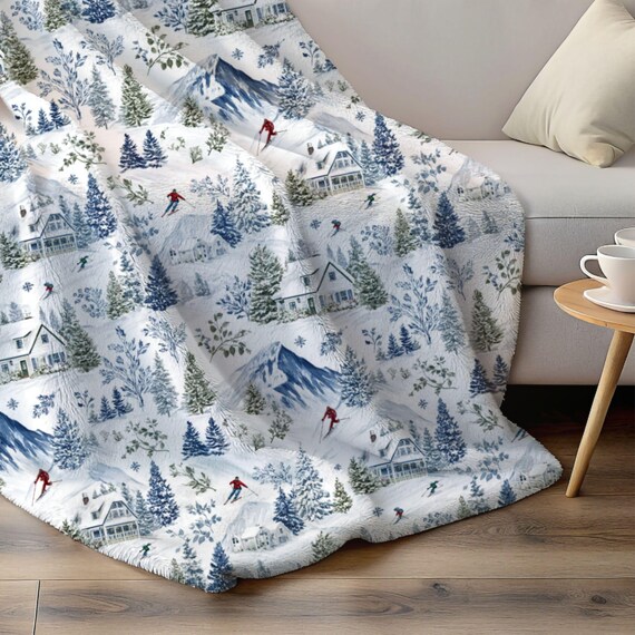 Alpine Winter Ski Village Velveteen Plush Blanket | Snowy Mountain Cabin Decor, Vintage Home Gifts