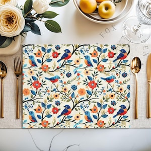 Minimalist Placemat, Scandinavian Dining Decor, Neutral Table Mat, Modern Table Styling, Nordic Kitchen Accessory, Faux Embroidery Birds