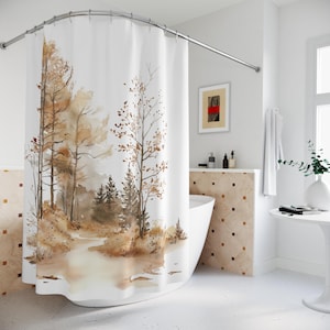 White Watercolor Aspen Shower Curtain, Forest Bathroom Decor, Interior Design, Luxury Water Resistant, Autumn Leaves Closet Curtain, Fall