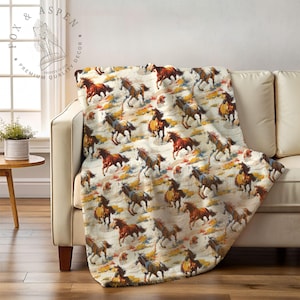 Rustic Decor Horse Print Soft Blanket Western Theme Cozy Blanket, Cowboy Baby Decor, Rustic Nursery Blanket, Baby Shower Gift, Plush Blanket