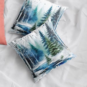 Watercolor Forest Cushion, Winter Scenery Pillow Cases, Hunting Cabin in Forest Pillow Cover, Woodland Nature Pillow, Xmas Gift, Green Witch