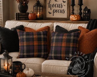 Plaid Halloween Cushion, Orange and Purple Pillowcase, Autumn Home Accent Decor