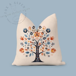 Scandinavian Tree of Life Pillow - Norwegian Swedish Folk Art Nordic Home Decor for Holiday, Decorative, Christmas, Cozy Accent, Gift