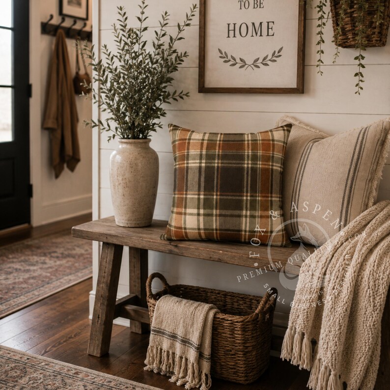 May include: A wooden bench featuring a plaid pillow in orange, green, and cream, a beige striped pillow, and a cream-colored throw blanket. A ceramic vase with green foliage sits on the bench, while a woven basket holds a fringed textile.