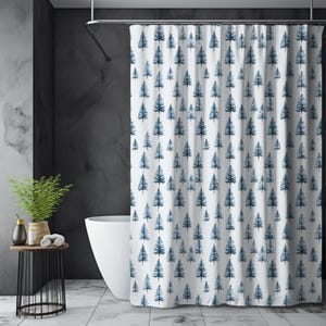 Navy Pine Forest Shower Curtain: Cozy Winter Bathroom Decor
