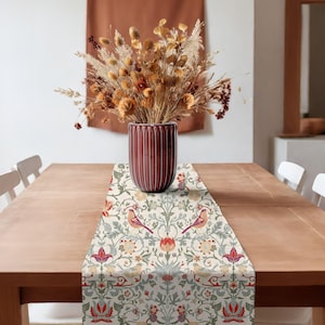 Floral Cotton Table Runner: Scandi Birds, Vintage Morris Design, Giftable