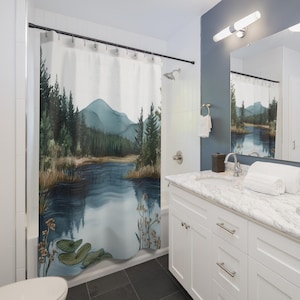 Scenic Mountains Shower Curtain, Water Resistant Fabric, Wrinkle Free Curtain, Woodland Bathroom Decor, Cabin Vibes, Artistic Shower Curtain