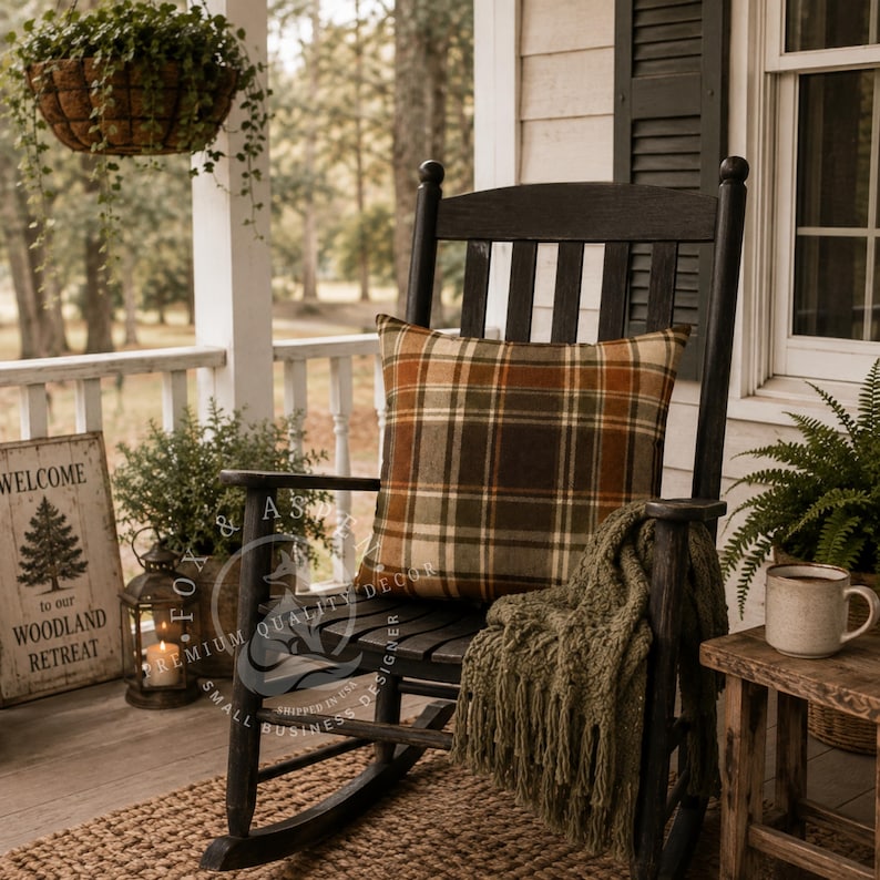 May include: A black wooden rocking chair featuring a square throw pillow with an orange, brown, and cream plaid pattern. A textured olive green knit throw blanket with fringe is draped over the seat, resting against the back of the chair.