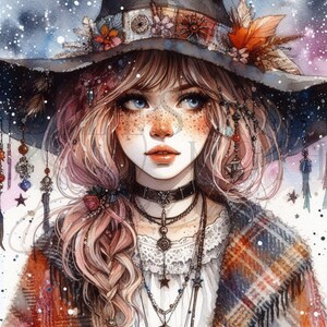 Boho Fall Witch Clipart: Rustic Autumn Watercolor (PNG, Commercial Use)