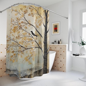 Aspen Forest Light Academia Decor, Watercolor Art Shower Curtain Nature Bathroom, Neutral Colors Home Accents, Housewarming Gifts Toiletry