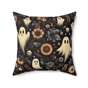 Whimsical Dark Academia Ghost Floral Pillow, Cute Home Decor, Halloween Decoration, Dark Cottagecore Accent, Spooky Throw Cushion, Gift Idea