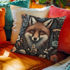 Boho Cottagecore Woodland Fox Pillow, Spun Polyester Square Pillowcase, Nature Home Decor, Scandinavian Accent, Maximalist Living, Throw