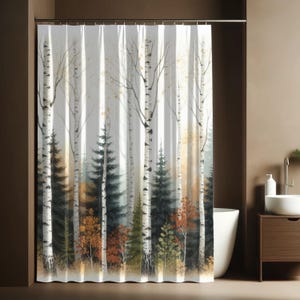Minimalist Autumn Birch Tree Forest Home Decor, Watercolor Art Shower Curtain Nature Bathroom, Neutral Colors Home, Housewarming Gifts