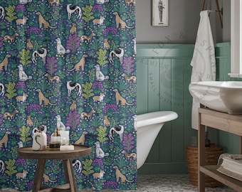 May include: A navy blue shower curtain with a repeating pattern of dogs and floral elements in shades of gold, white, and purple. The design features various dog breeds amidst stylized flowers and foliage, creating a whimsical and decorative look.