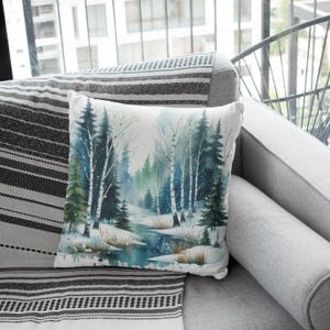 Watercolor Forest Cushion, Winter Scenery Pillow Cases, Hunting Cabin in Forest Pillow Cover, Woodland Nature Pillow, Xmas Gift, Green Witch