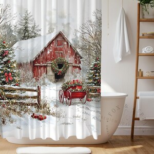 Christmas Shower Curtain 72x72 - Red Truck & Snowflake Design, Waterproof Polyester - Festive Bathroom Decor With Hooks