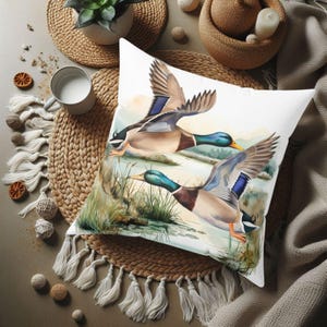 Mallard Duck Square Pillow, Bird Lover Home Decor Cushion, Hunter Gift Pillow, Forest Animal Throw Pillow, Watercolor Minimalist Decor
