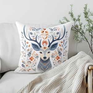 Scandinavian Deer Pillow - Woodland Norwegian Swedish Folk Art Nordic Home Decor for Holiday, Decorative, Christmas, Cozy Accent, Gift