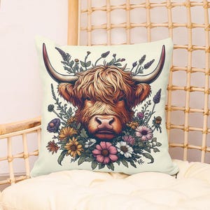 Highland Cow Square Pillow, Farm Lover Gift, Nature Witch Decor, Cow Themed Throw Pillow, Cow Print Cushion, Cottagecore Pillow