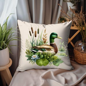Mallard Duck Square Pillow, Bird Lover Home Decor Cushion, Wildlife Couch Accent, Forest Animal Throw Pillow, Duck Pond Decorative Cushion