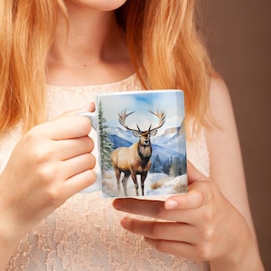 Artistic Scene Mug, Nature-Inspired Ceramic Mug, Scenic Elk Artwork, Gifts for Coffee Lovers, Outdoor Enthusiasts, Fall Decor, Cabin Vibes