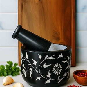 Hand-Carved Soapstone Mortar and Pestle: Floral Leaf Design, Rustic Kitchen Decor