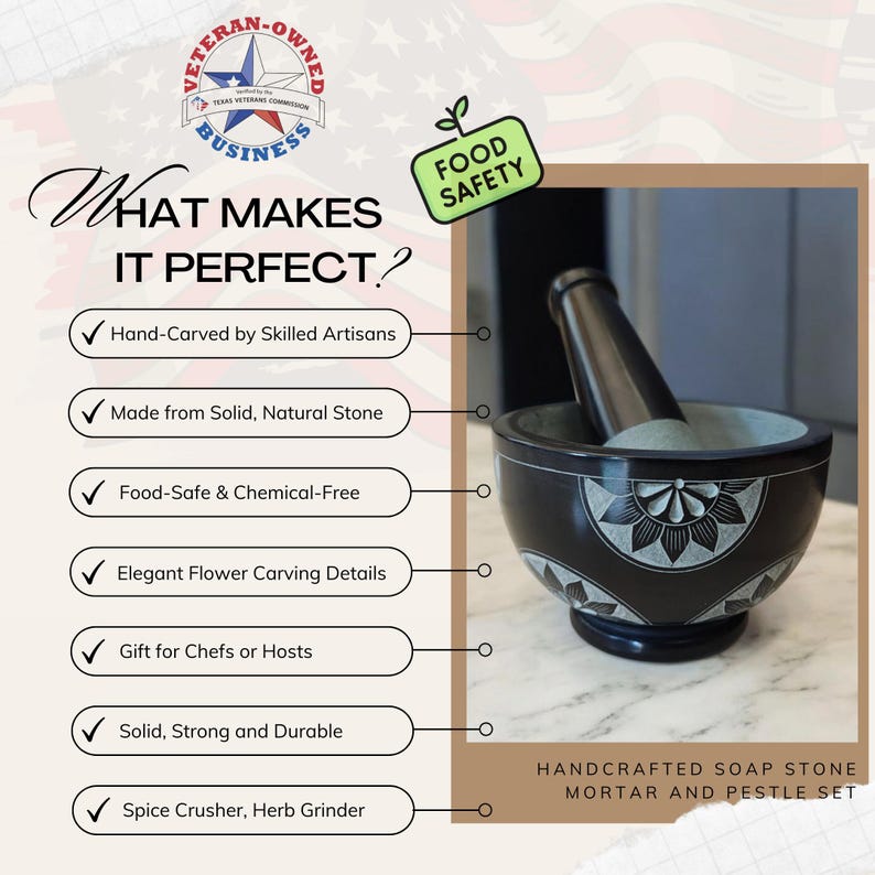 May include: A black handcrafted soapstone mortar and pestle set. The mortar features elegant flower carving details. The image includes text that says "Food Safety" and "Hand-Carved by Skilled Artisans."