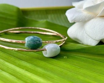 Green Jade Barrel Bead Bangle Bracelet 14k GF