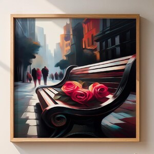 May include: A framed art print depicts a park bench with red roses, set against a city street scene. The artwork features a wooden frame and a warm color palette, with figures in the background. The bench is the focal point.